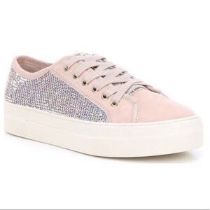 Gianni Bini Taupe Suede Rhinestone Platform Sneakers Size 8M Bling Low-Top